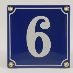 WILLEMS Húsnúmer emalerað Nr 6  hvít á bláum grunni