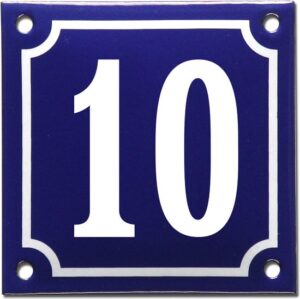 WILLEMS Húsnúmer Nr 10 emalerað hvítt á bláum grunni