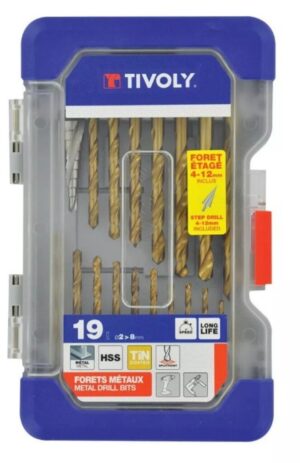 TIVOLY Borasett 18x TiN, Málm + 1x Þrepabor 2-8mm